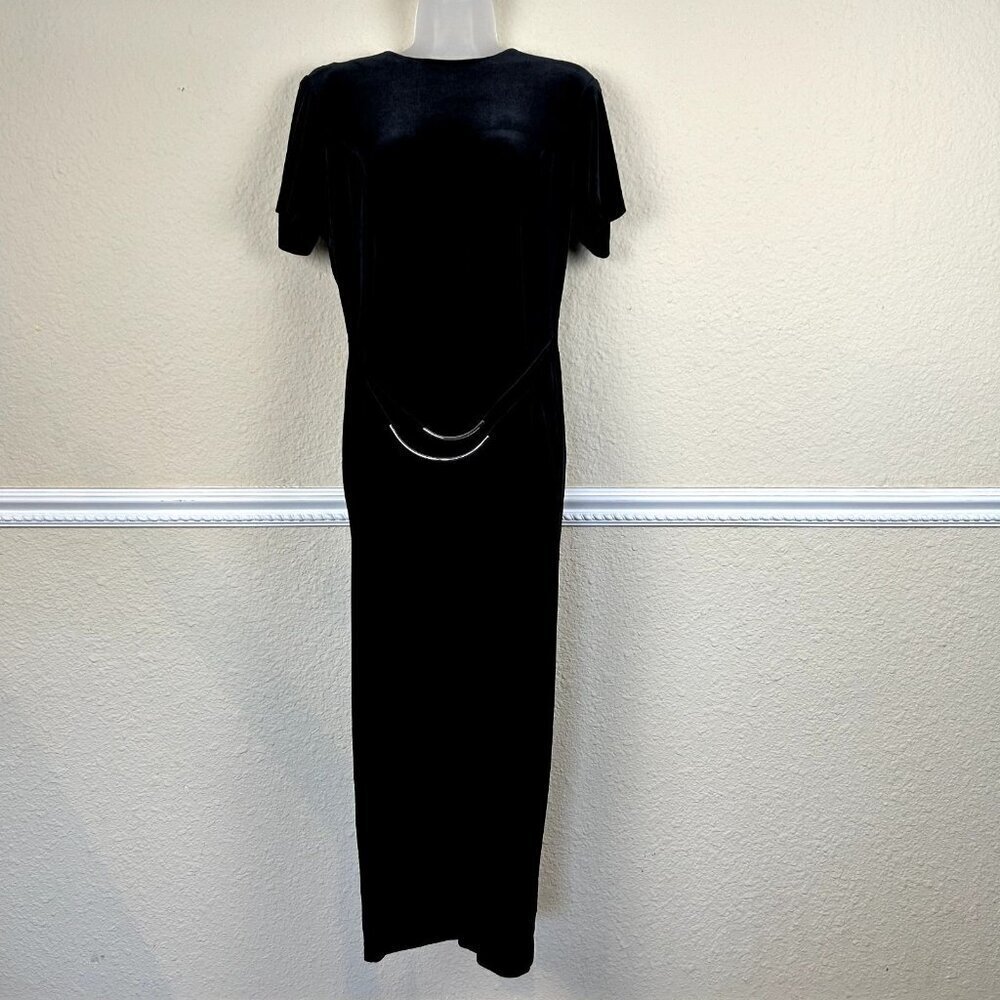 Vintage 90s Velvet Maxi Dress Short Sleeve Belted Goth Grunge Party 11/12 Witchy